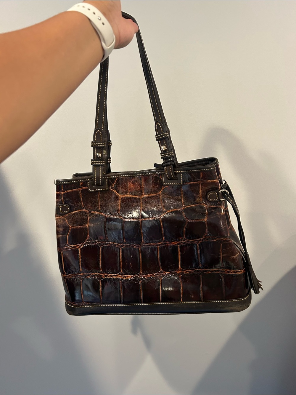 Dooney & Bourke Croco Embossed Leather Tote Bag Brown Crocodile Shoulder Purse - Picture 3 of 16